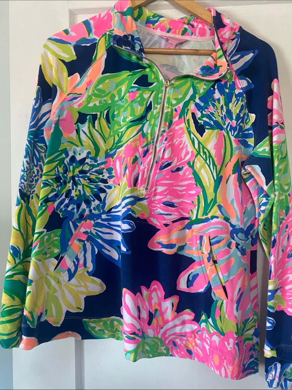 Lilly Pulitzer Navy Floral Half-Zip Pullover with Pink and Green Accents